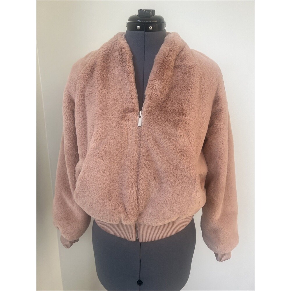 Banana Republic Pink Faux Fur Teddy Bomber Jacket Sz XS Soft Plush Zip Up Coat